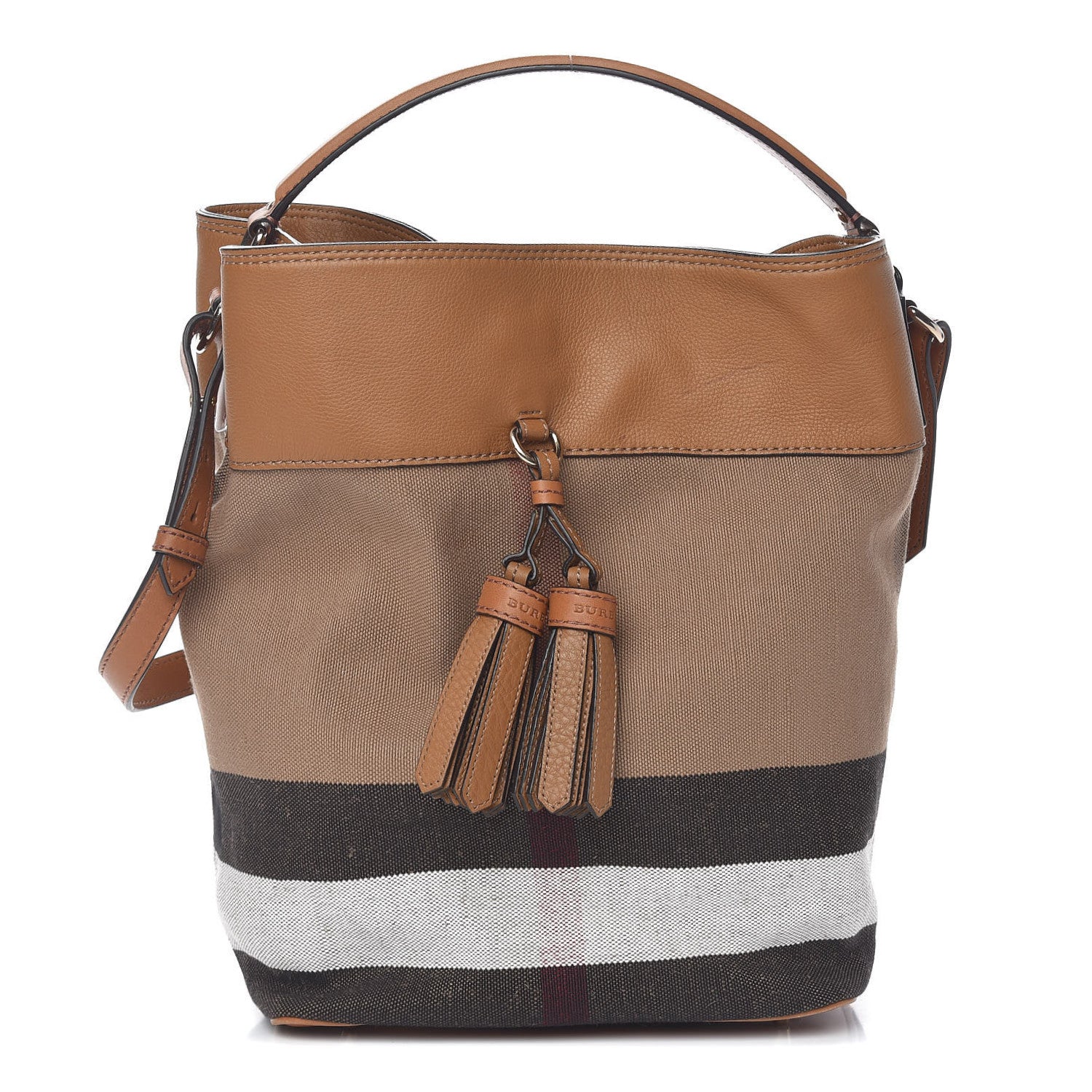 Burberry Grainy Calfskin Canvas Mega Check Medium Ashby Tassel Hobo Saddle Brown 1 of 12