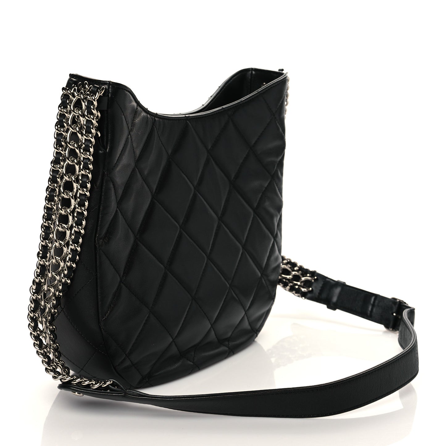 Lambskin Chain Rows Quilted Chain Hobo Black