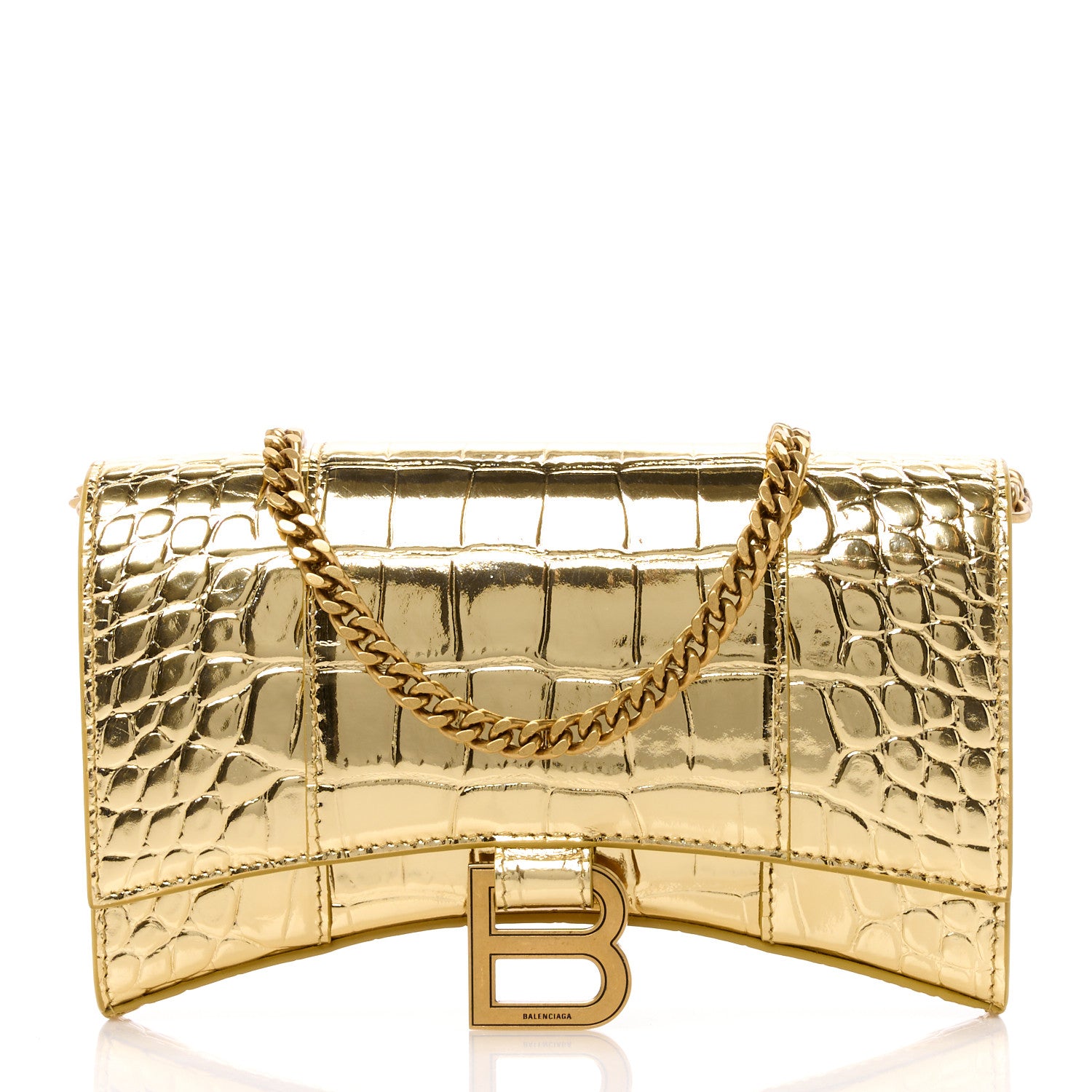 Balenciaga Metallic Calfskin Crocodile Embossed Hourglass Chain Bag Gold 1 of 11