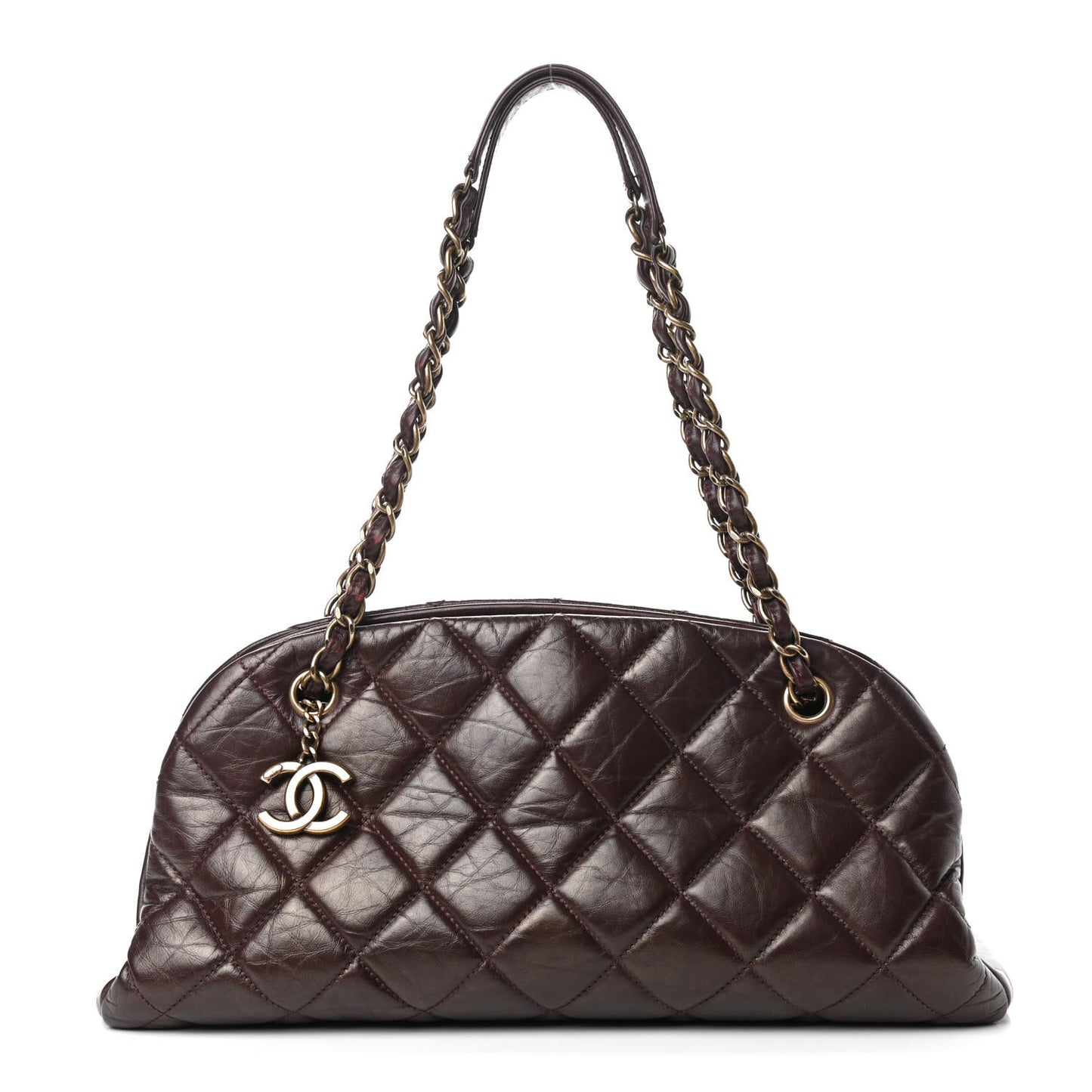 Aged Calfskin Quilted Medium Just Mademoiselle Bowling Bag Brown