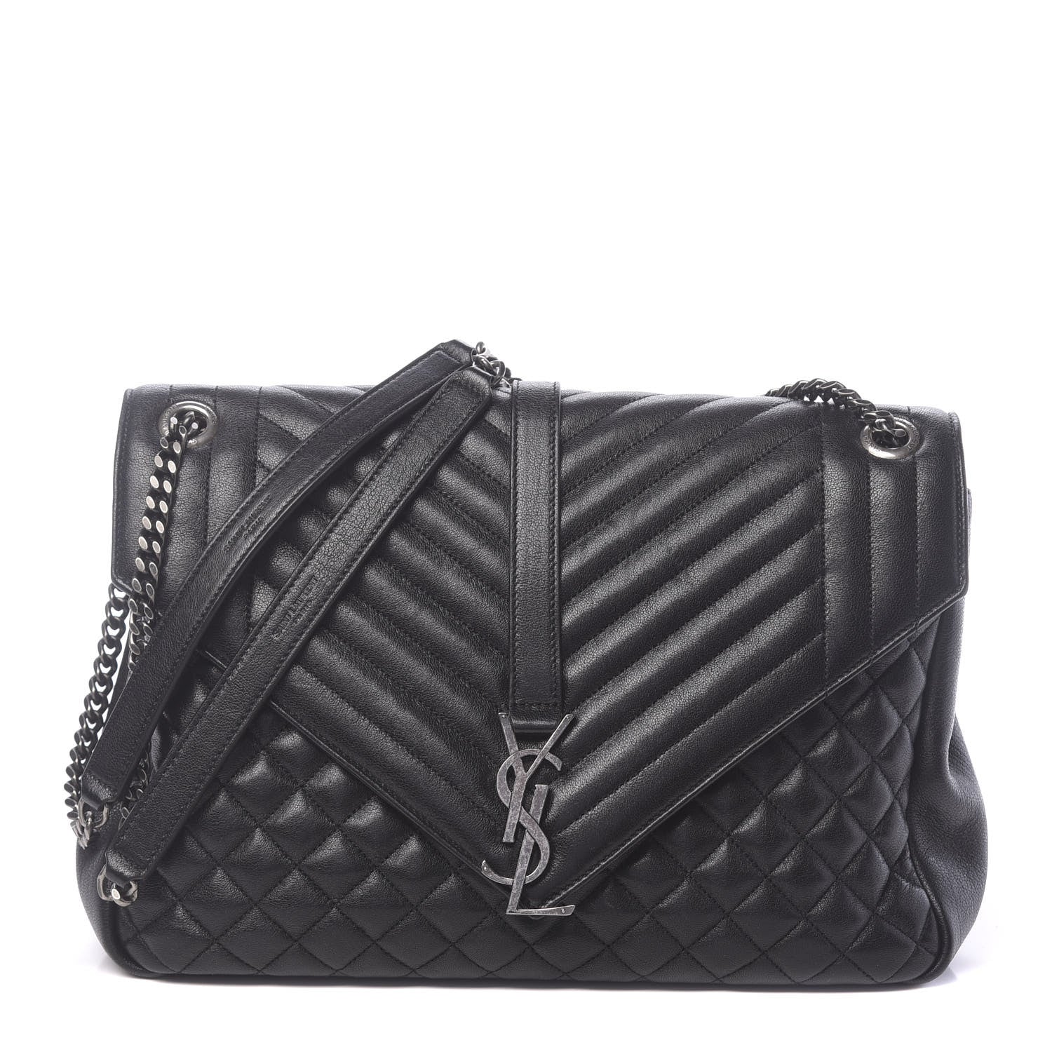 Saint Laurent Calfskin Mixed Matelasse Triquilt Large Monogram Satchel Black 1 of 9