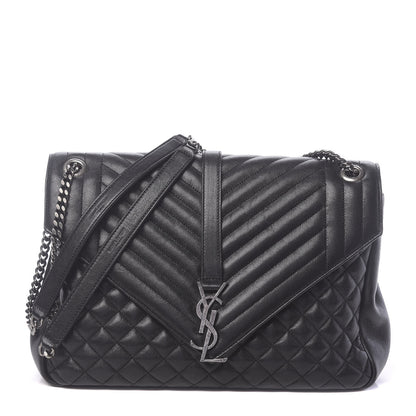 Saint Laurent Calfskin Mixed Matelasse Triquilt Large Monogram Satchel Black 1 of 9