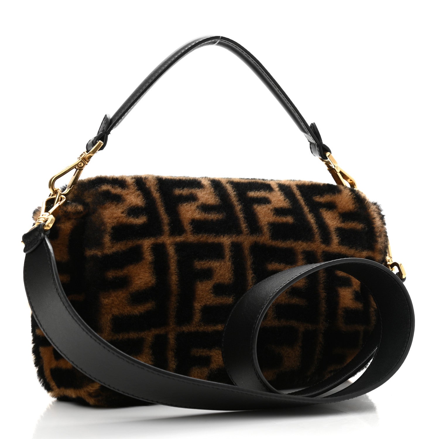 Fendi Shearling Vitello Dolce Macro FF 1974 Baguette Tobacco Black 3 of 11