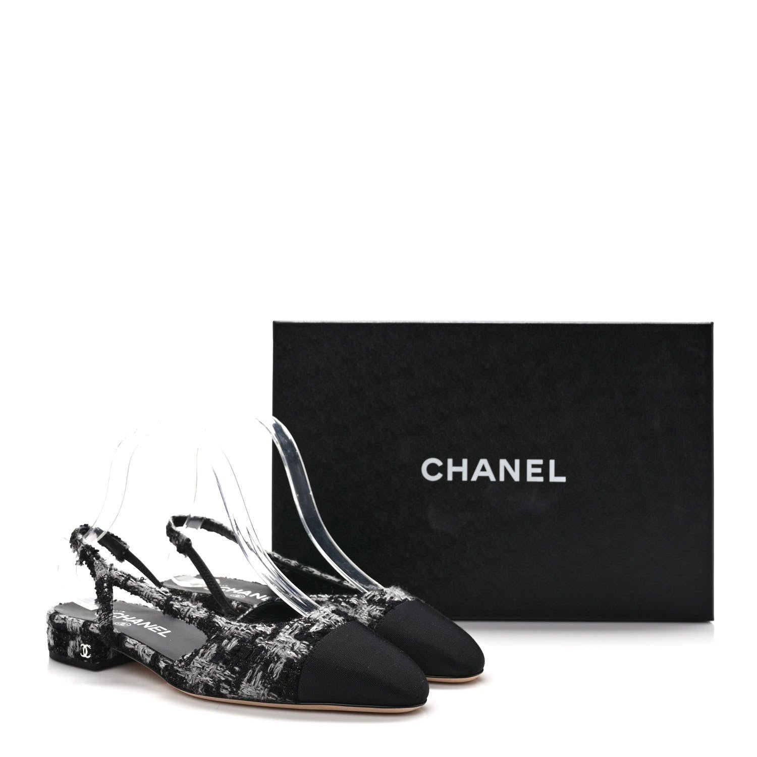 Chanel Tweed Grosgrain Toe CC Slingback Flat 38 Black Grey 8 of 8