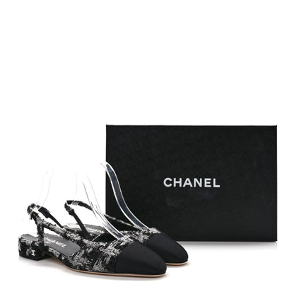 Chanel Tweed Grosgrain Toe CC Slingback Flat 38 Black Grey 8 of 8