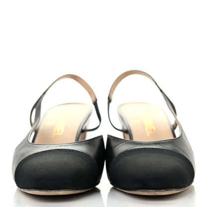 Chanel Goatskin Grosgrain Cap Toe CC Slingback Sandals 38.5 Black 2 of 8