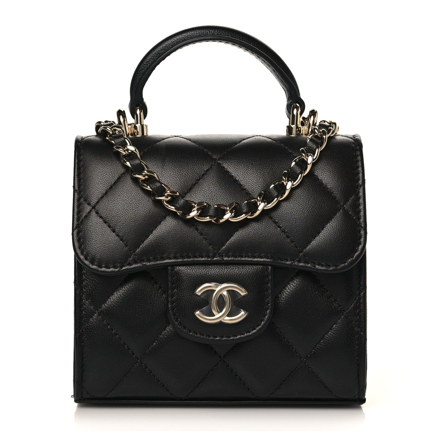 Lambskin Quilted Top Handle Flap Clutch With Chain Black
