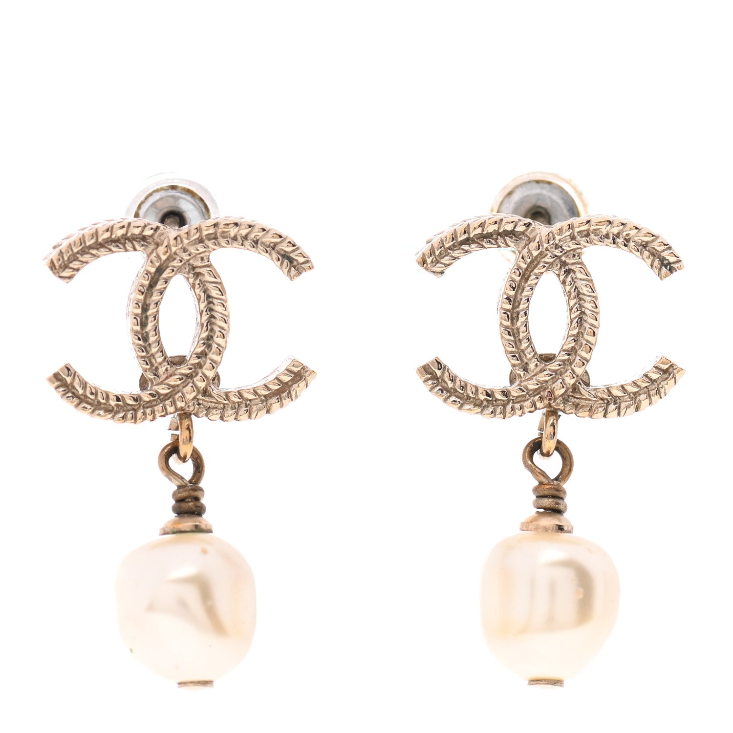 Chanel Crystal Pearl CC Drop Leaf Earrings Gold 1 of 4