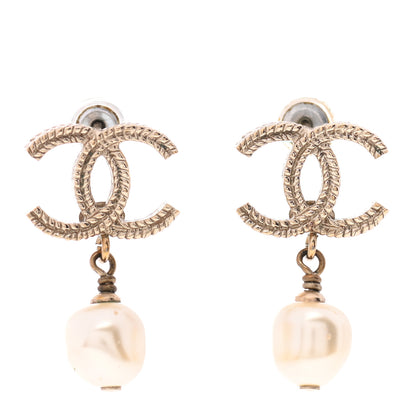 Chanel Crystal Pearl CC Drop Leaf Earrings Gold 1 of 4