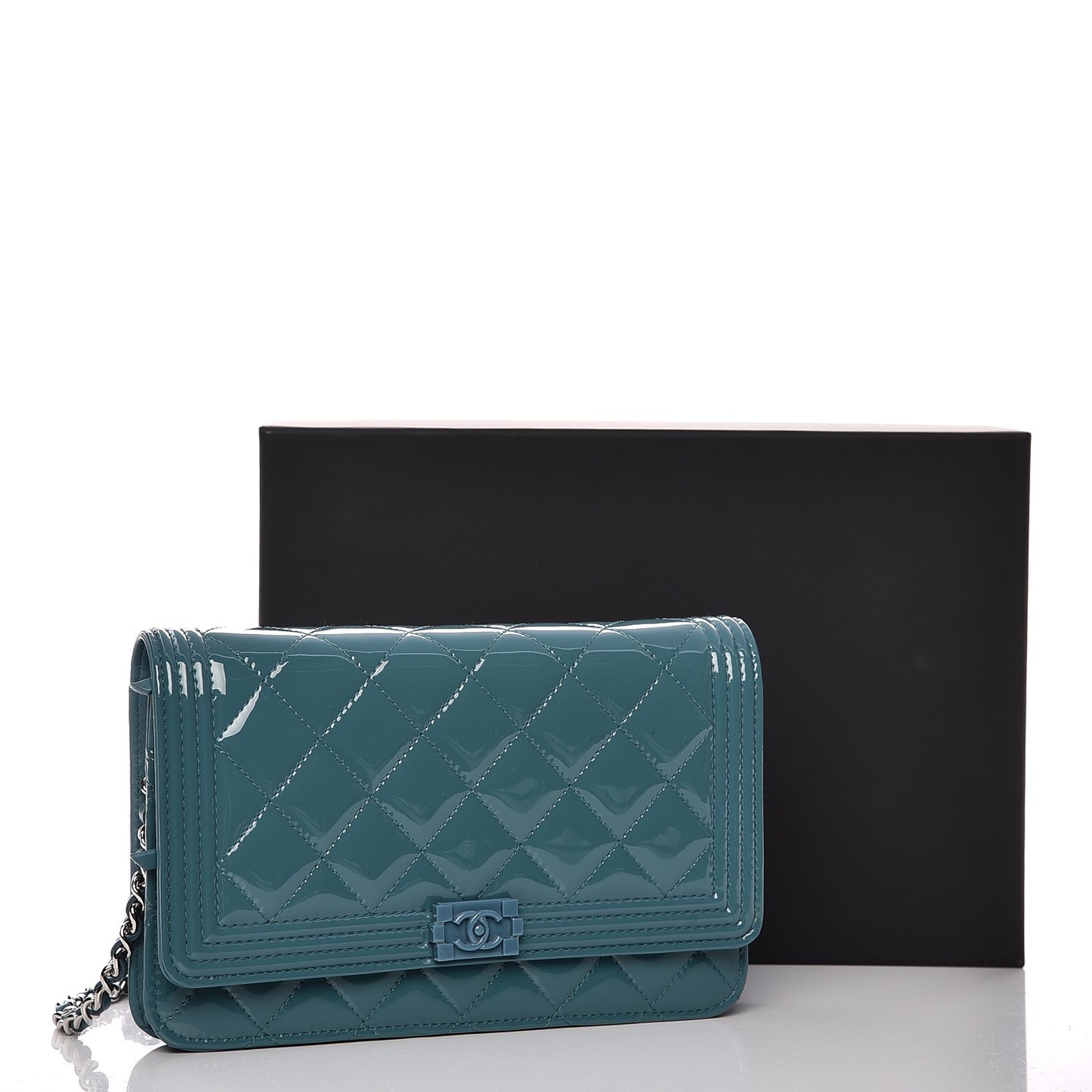 Patent Calfskin Quilted Boy Wallet On Chain WOC Peacock Blue