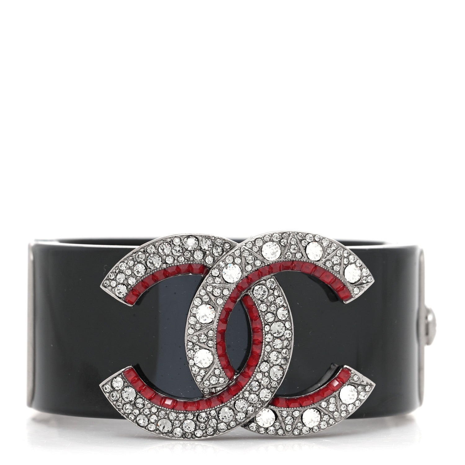 Chanel Resin Ruthenium Crystal CC Cuff Silver Black Red 1 of 5