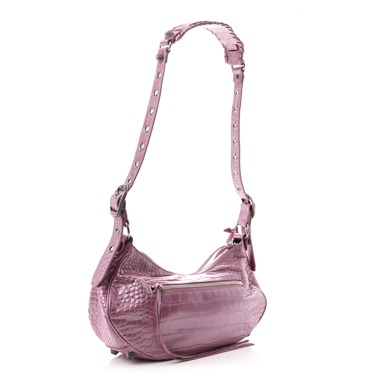 Metallic Extra Supple Calfskin Crystal Crocodile Embossed Small Le Cagole Shoulder Bag Pink