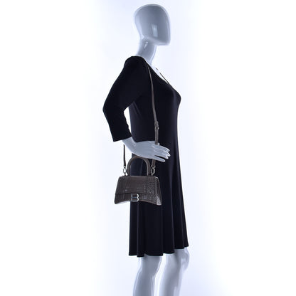 Balenciaga Shiny Calfskin Crocodile Embossed Hourglass Top Handle Bag XS Mink Grey 2 of 12