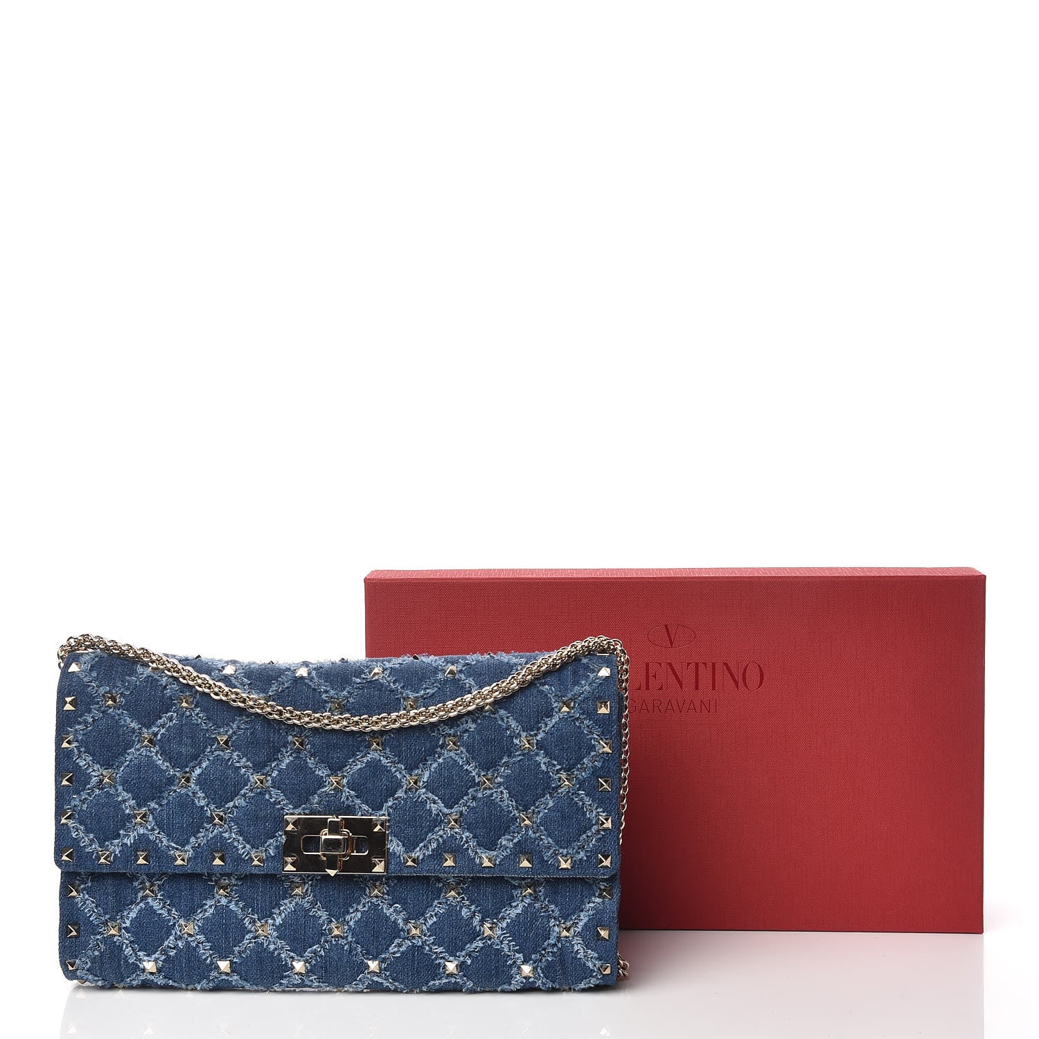 Valentino Garavani Denim Rockstud Spike Wallet on Chain Blue 10 of 10