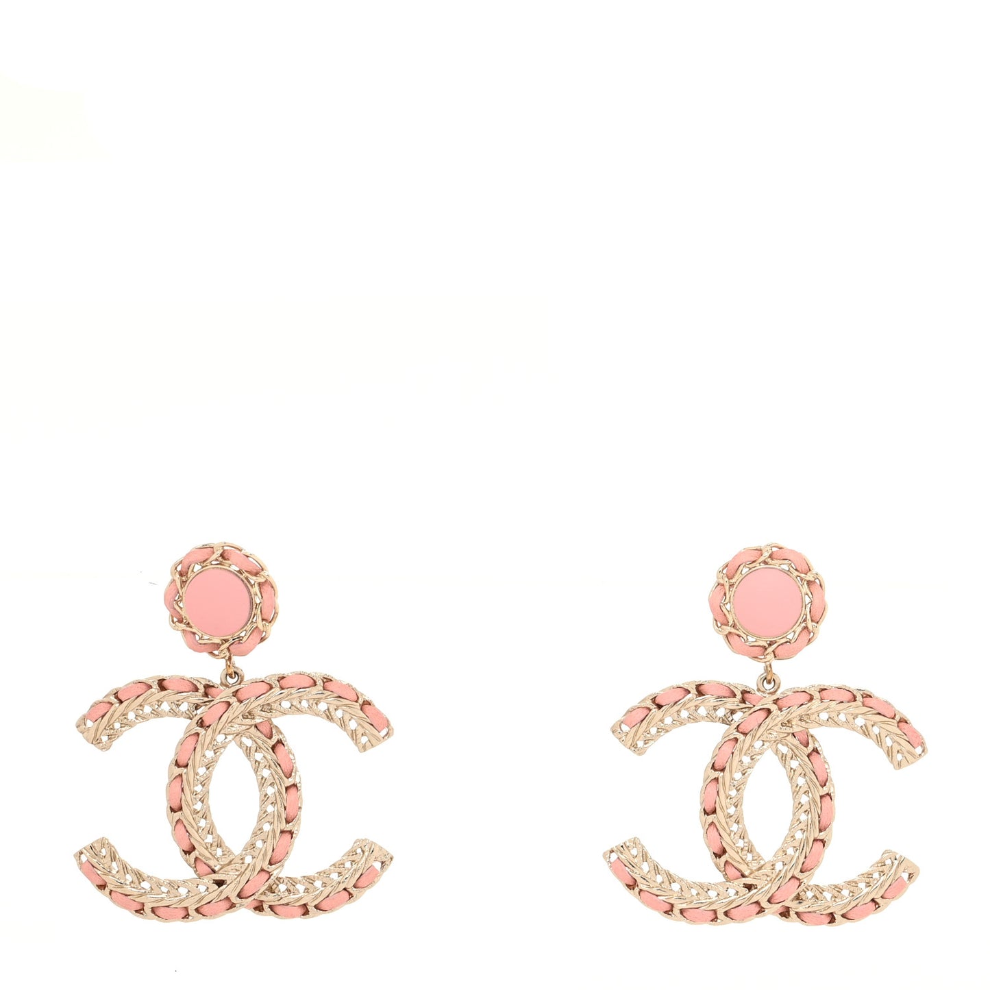 Lambskin Metal Chain CC Drop Earrings Pink Gold