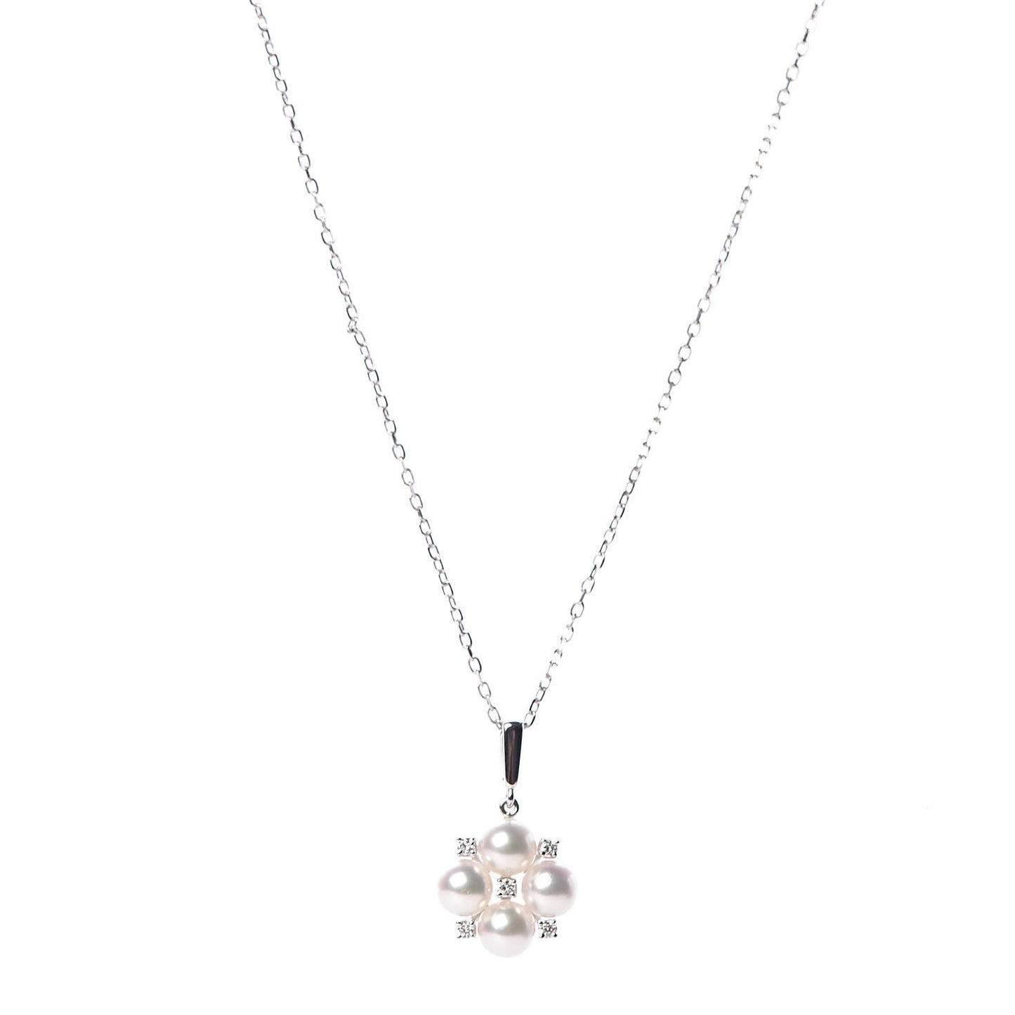18K White Gold Diamond Akoya Pearl 5.5mm Cluster Pendant Necklace