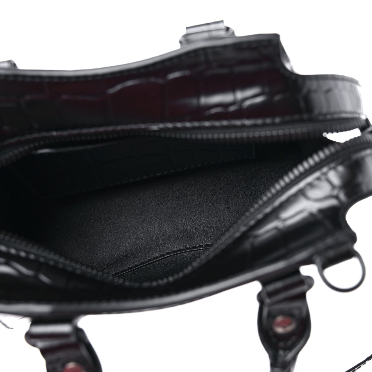 Semi Shiny Calfskin Crocodile Embossed Neo Classic Black Hardware Nano City Crossbody Black