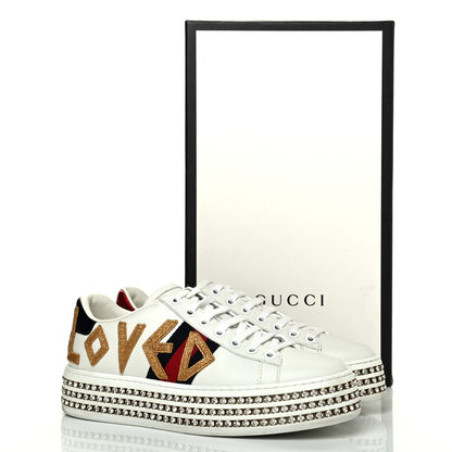 Gucci Calfskin Crystal Web LOVED Embroidered Womens Ace Platform Sneakers 37 White Red Flame Notte 16 of 16