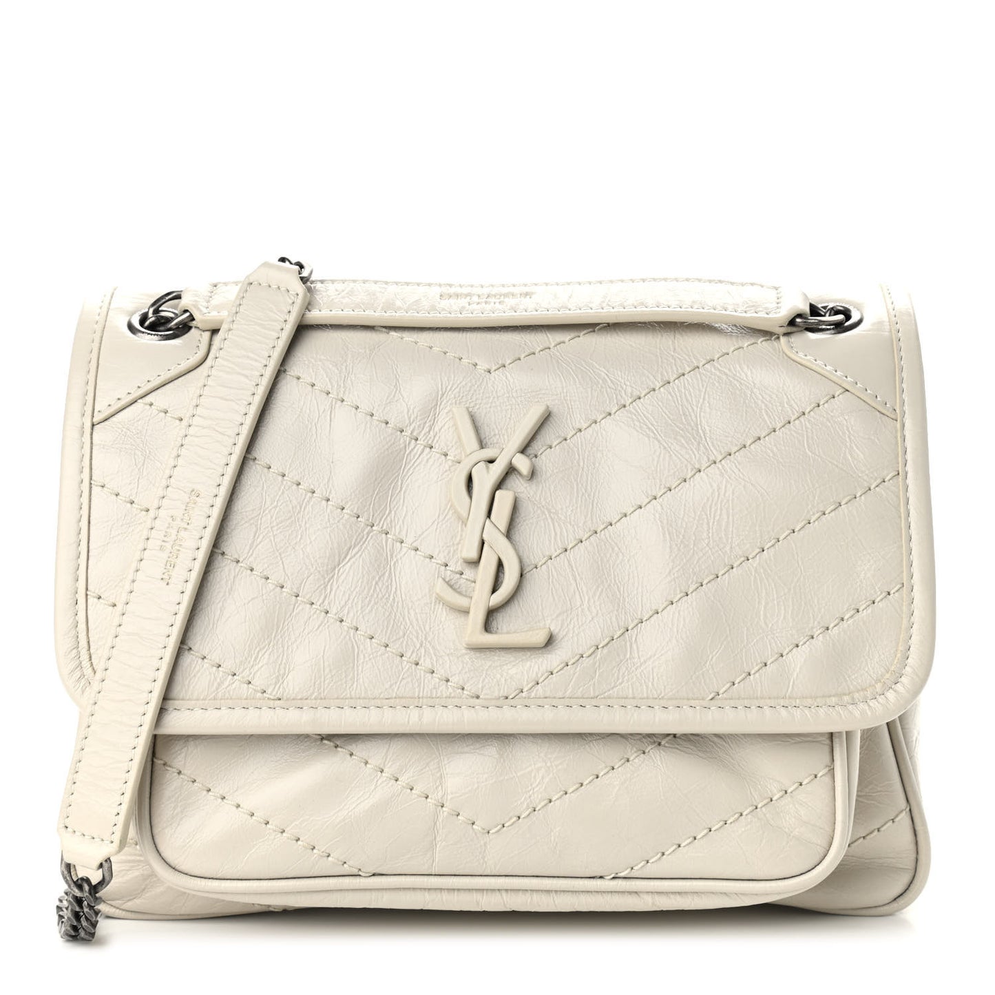 Crinkled Calfskin Matelasse Monogram Baby Niki Chain Satchel Ivory