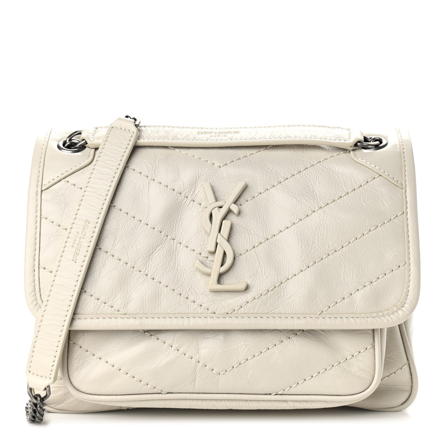 Saint Laurent Crinkled Calfskin Matelasse Monogram Baby Niki Chain Satchel Ivory 1 of 10
