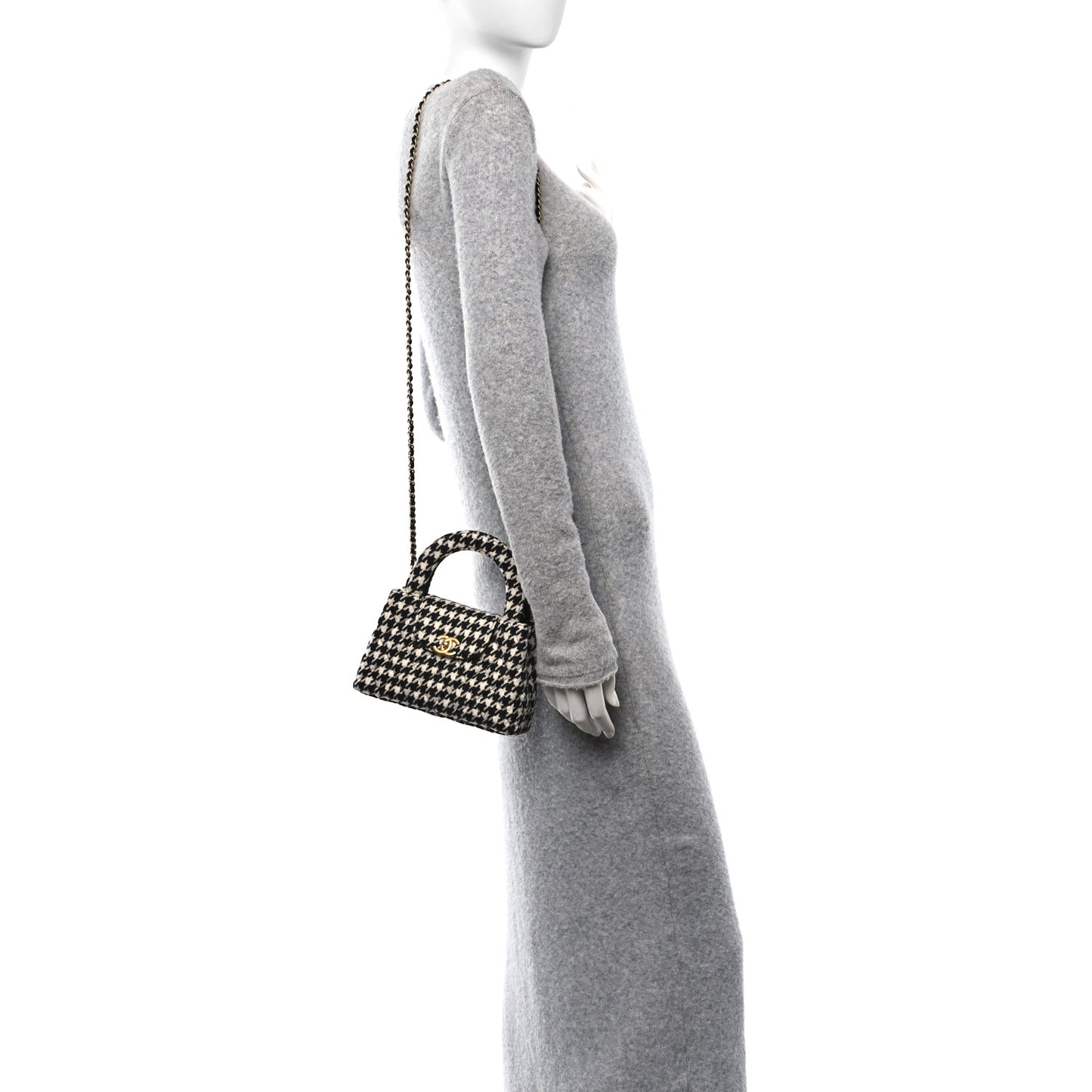 Tweed Houndstooth Quilted Nano Kelly Shopper Black White