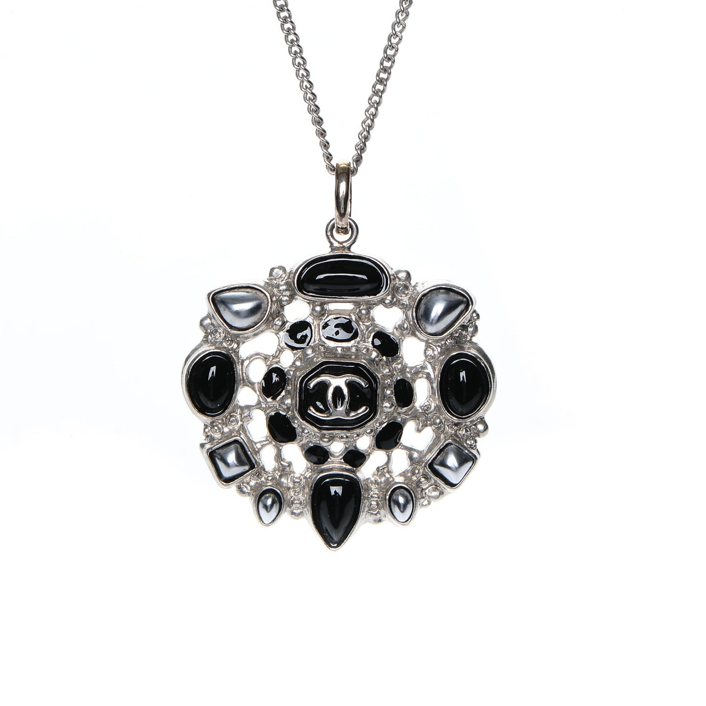 Enamel Gripoix CC Necklace Black Silver