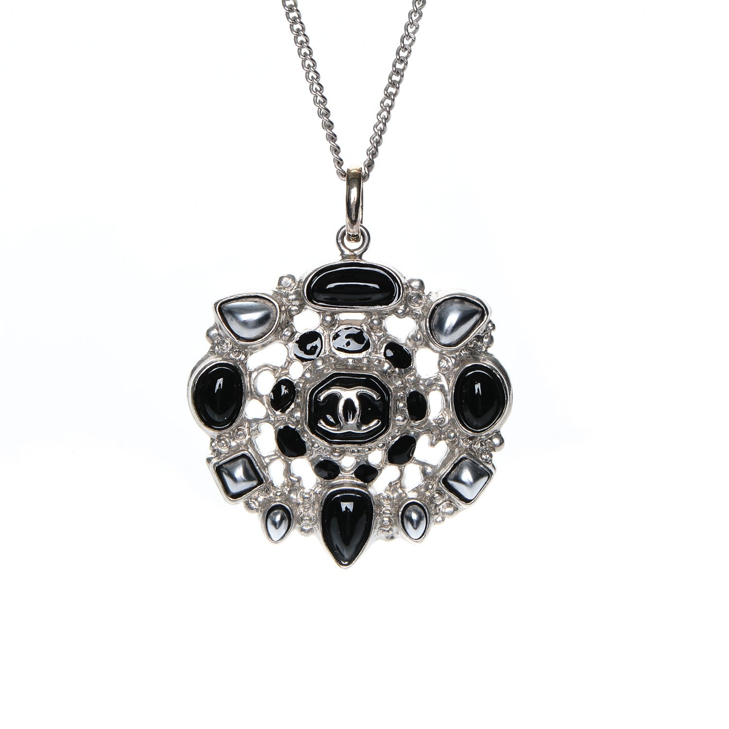 Chanel Enamel Gripoix CC Necklace Black Silver 3 of 5