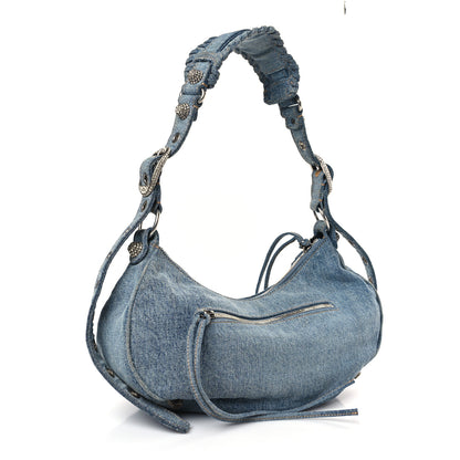 Balenciaga Washed Frayed Denim Crystal Small Le Cagole Shoulder Bag Blue 3 of 9