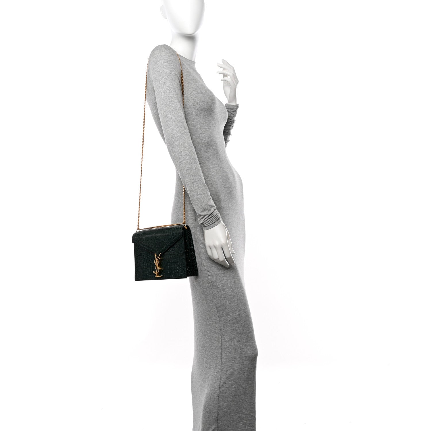 Saint Laurent Calfskin Crocodile Embossed Monogram Cassandra Clasp Bag Dark Mint 2 of 12