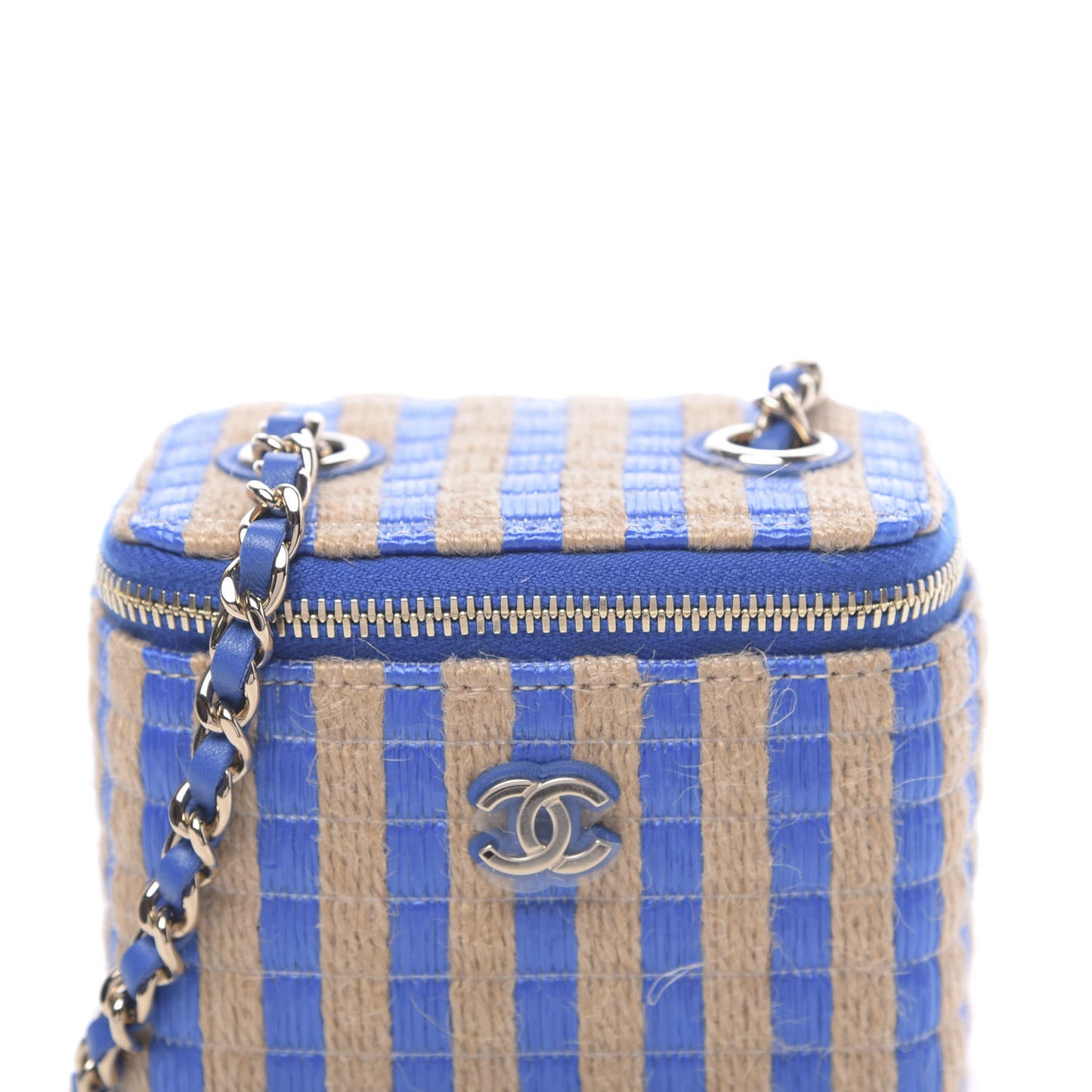 Raffia Jute Striped Mini Vanity Case With Chain Blue Beige