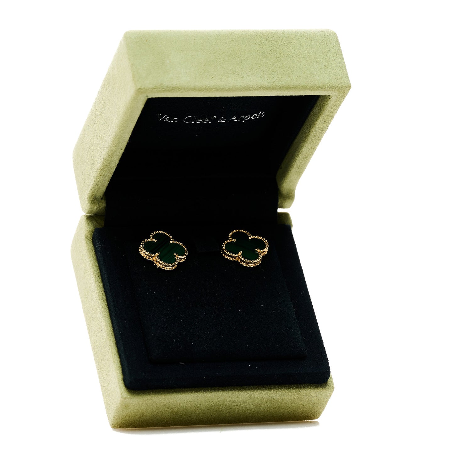 18K Yellow Gold Malachite Vintage Alhambra Earrings