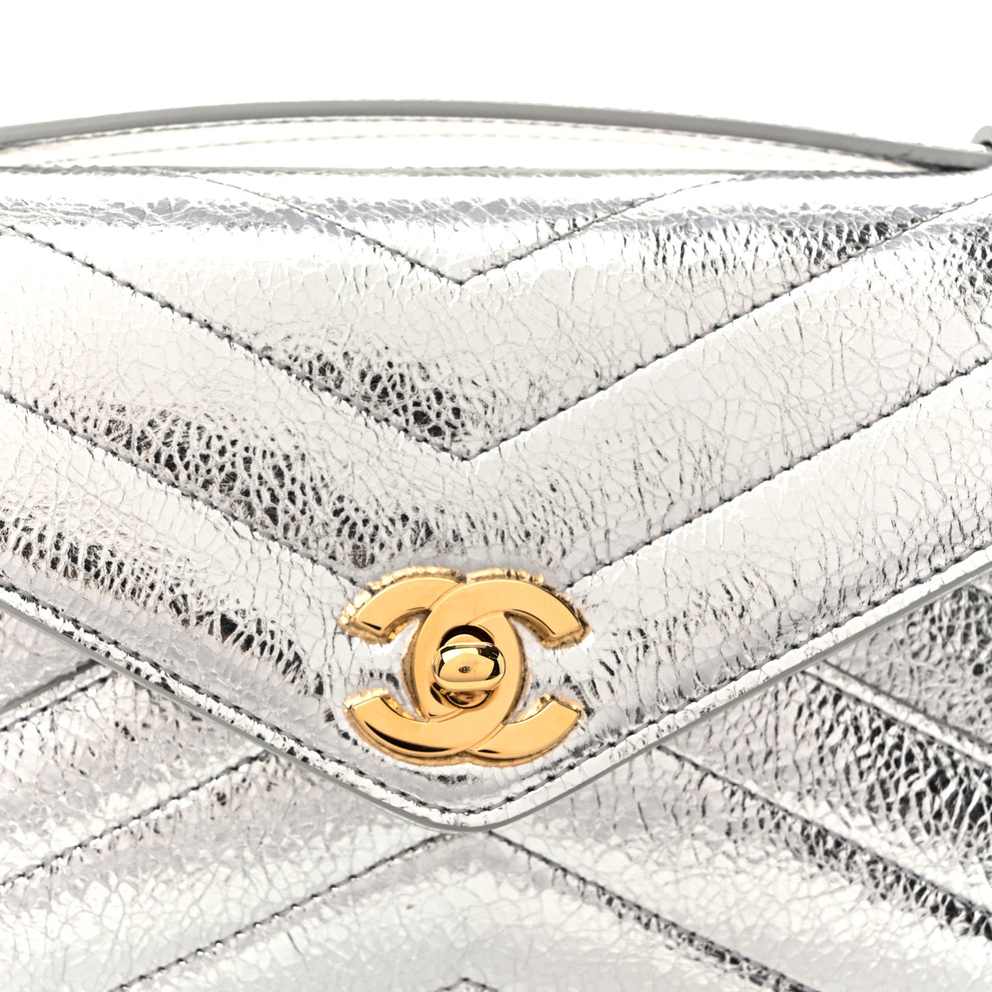 Metallic Aged Calfskin Chevron Quilted Top Handle Envelope Clutch Silver