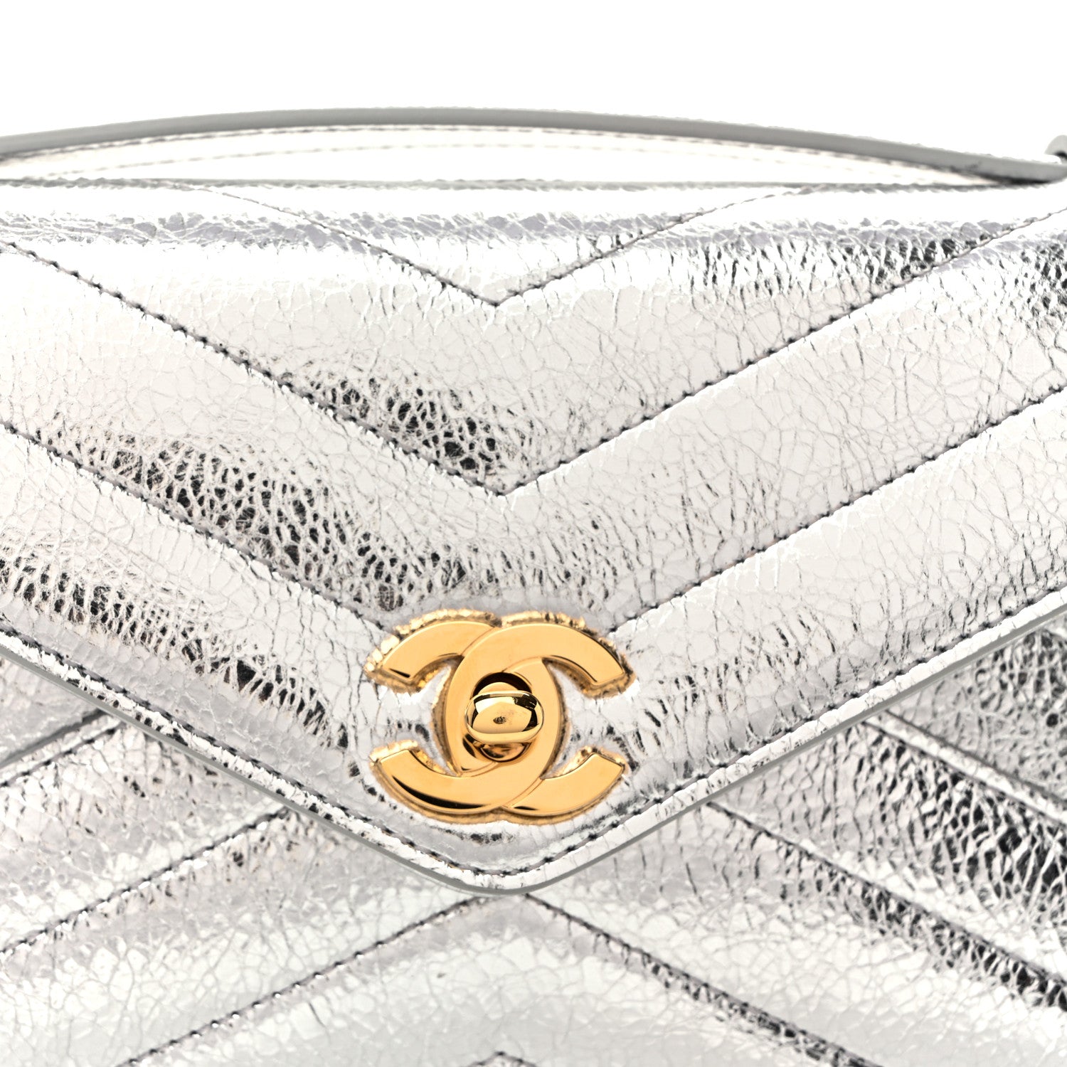 Chanel Metallic Aged Calfskin Chevron Quilted Top Handle Envelope Clutch Silver 8 of 10