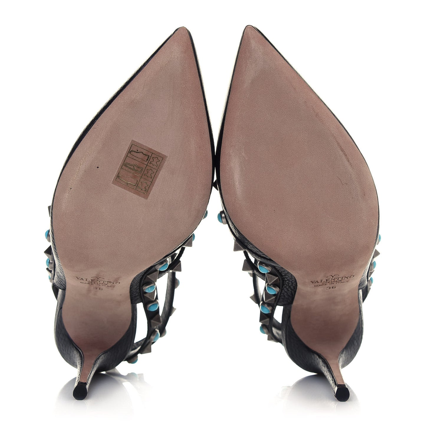 Pebbled Calfskin Turquoise Rockstud Rolling Ankle Strap 100mm Pumps 36 Black