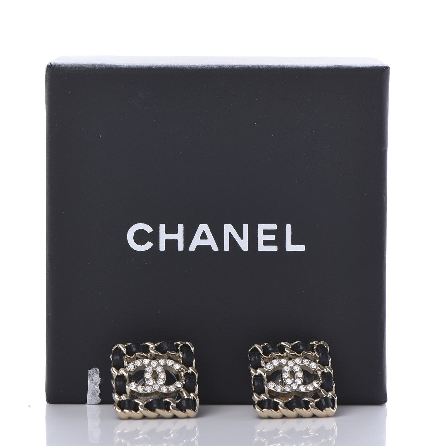 Crystal Lambskin Chain Sergeant Stud Earrings Black Gold
