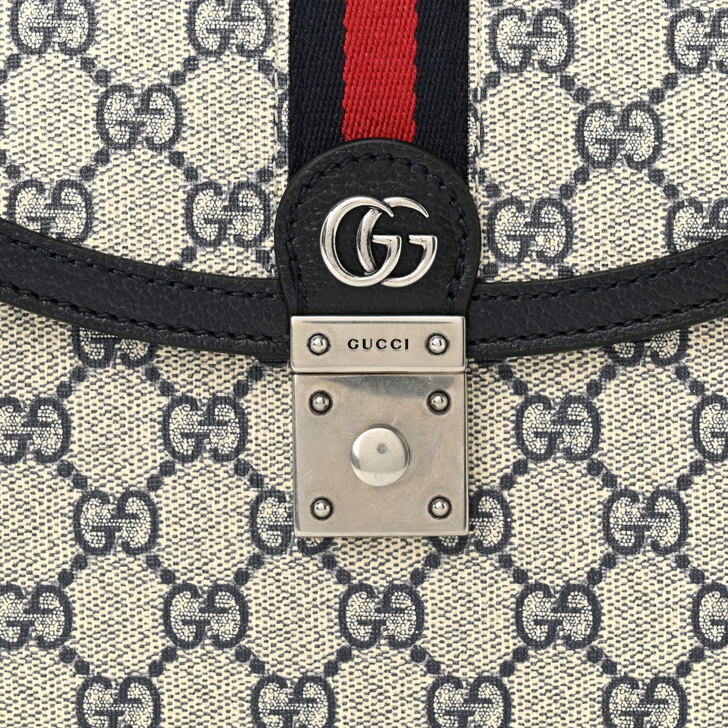 GG Supreme Monogram Textured Dollar Calfskin Web Small Ophidia Padlock Top Handle Bag Beige Blue
