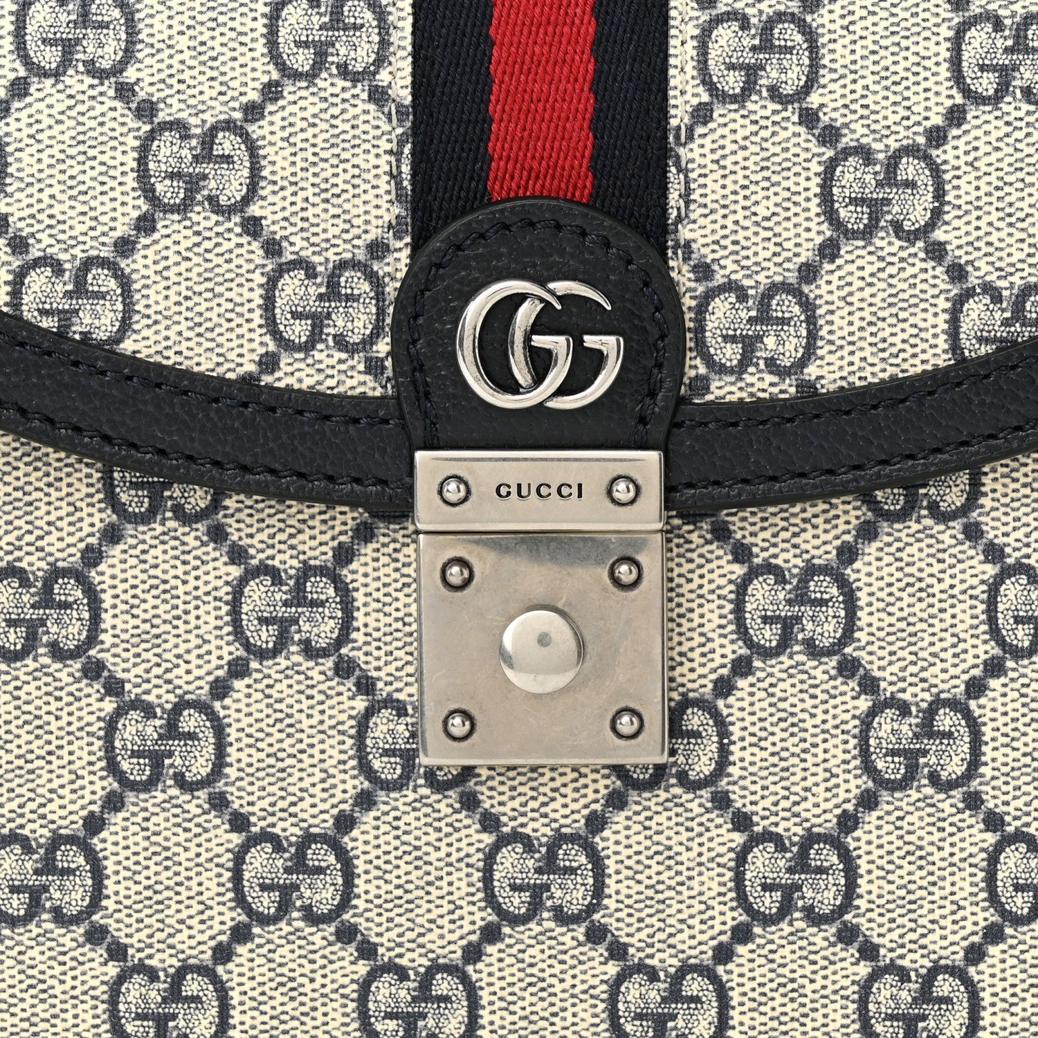 Gucci GG Supreme Monogram Textured Dollar Calfskin Web Small Ophidia Padlock Top Handle Bag Beige Blue 7 of 9