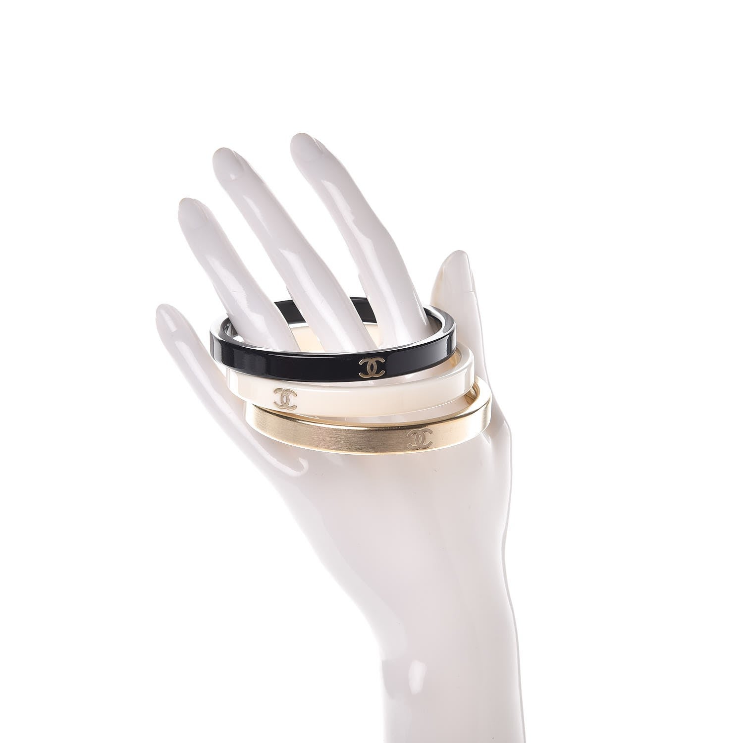 Chanel Resin Metal CC Bangle Set of 3 Black White Gold 2 of 7