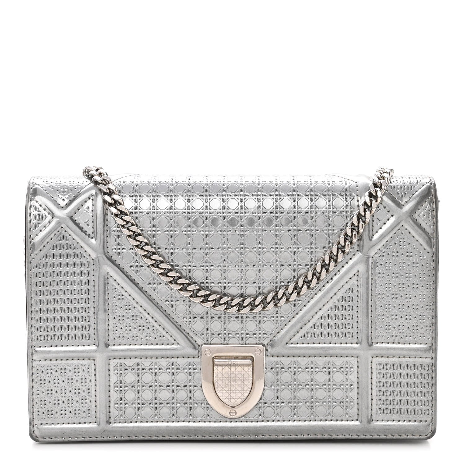 Christian Dior Metallic Patent Micro-Cannage Diorama Wallet on Chain Pouch Silver 1 of 10