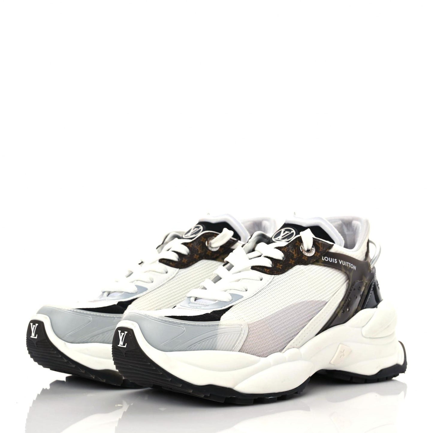 LOUIS VUITTON Monogram Calfskin Run 55 Sneakers 37.5 White