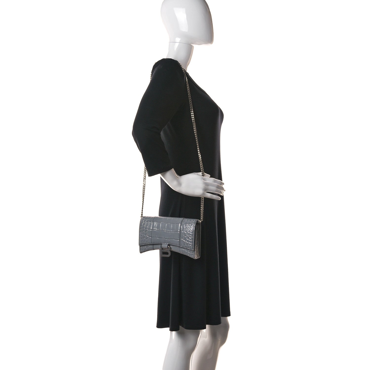 Balenciaga Shiny Calfskin Crocodile Embossed Hourglass Chain Bag Grey 2 of 11