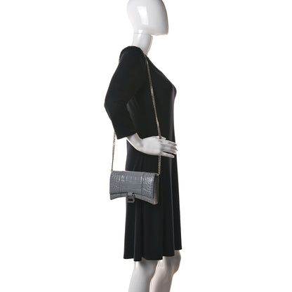 Balenciaga Shiny Calfskin Crocodile Embossed Hourglass Chain Bag Grey 2 of 11