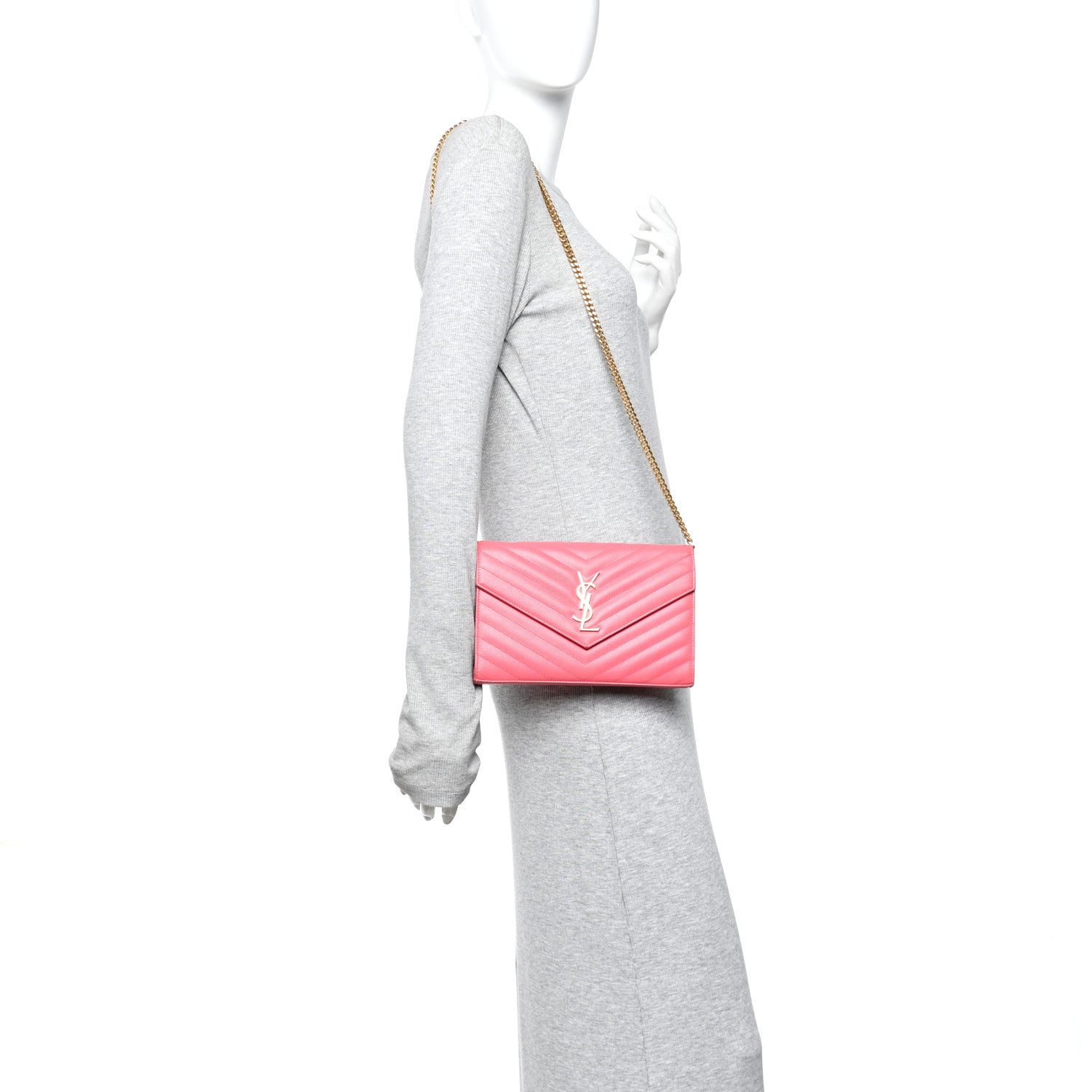 Saint Laurent Grain De Poudre Matelasse Chevron Monogram Chain Wallet Rose Clair 2 of 11