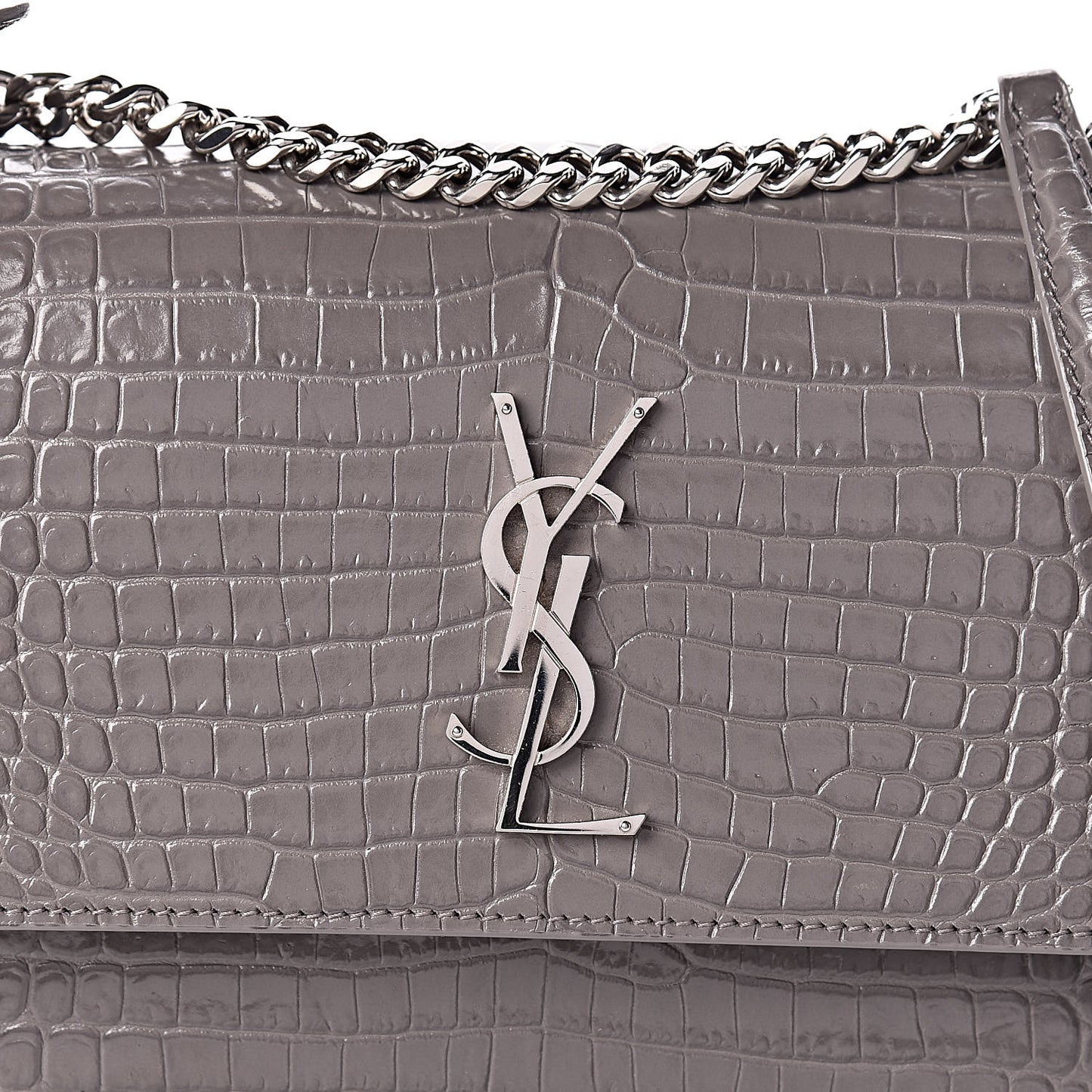 Calfskin Crocodile Embossed Medium Monogram Sunset Fog