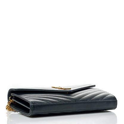 Saint Laurent Grain De Poudre Matelasse Chevron Monogram Chain Wallet Black 3 of 9