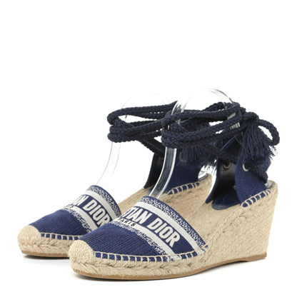 Christian Dior Canvas Embroidered Granville Ankle Tie Espadrille Wedges 40 Indigo Blue 2 of 13
