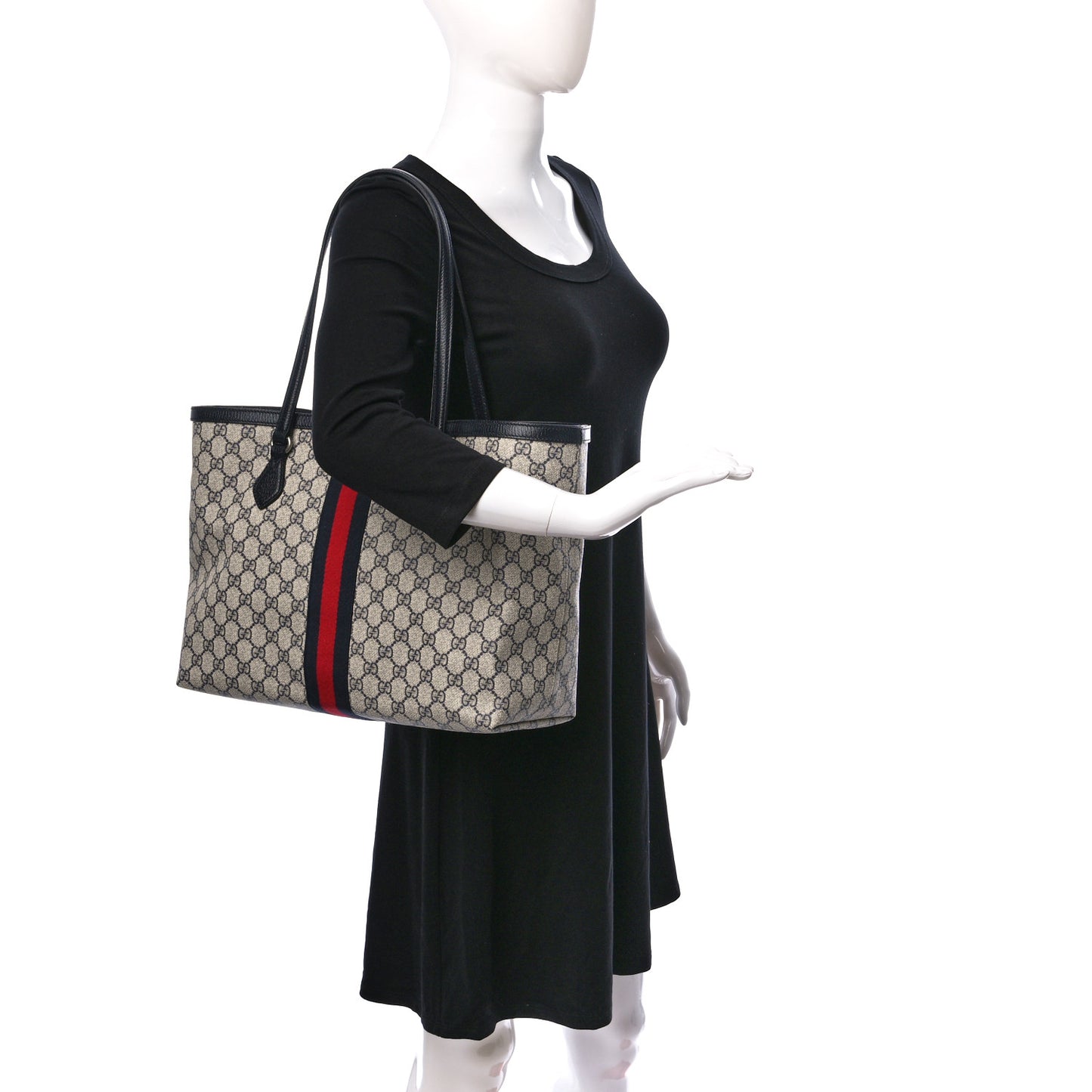 GG Supreme Monogram Textured Calfskin Web Medium Ophidia Shopping Tote Beige Blue