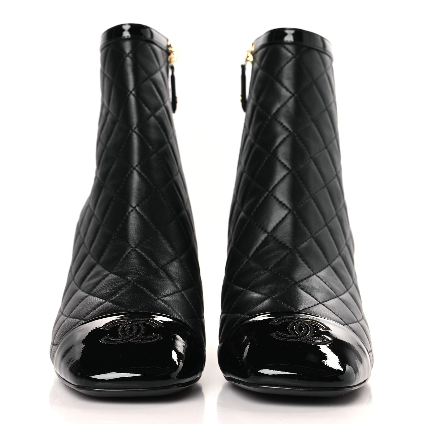 Lambskin Quilted Patent Cap Toe CC Booties 38 Black
