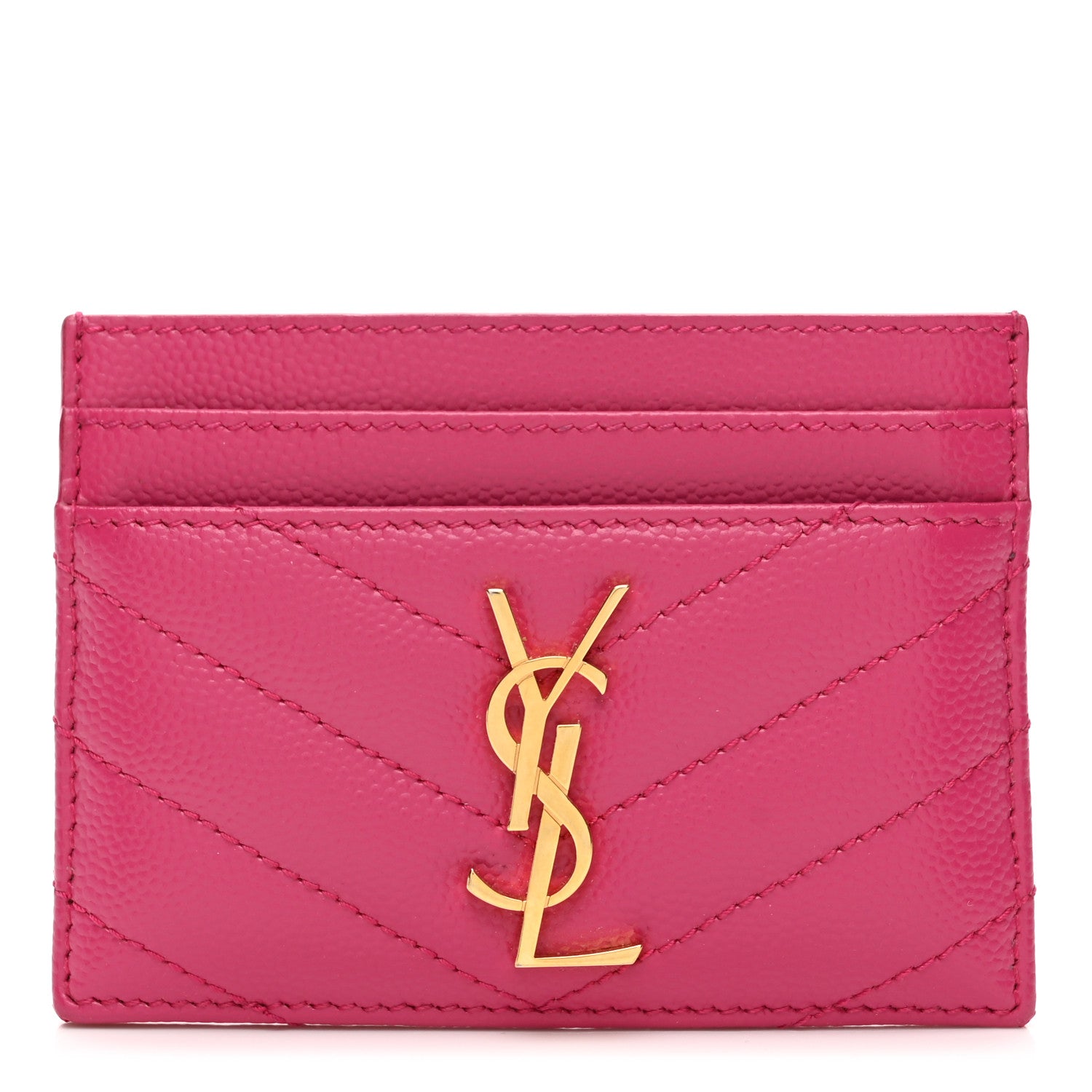 Saint Laurent Grain De Poudre Matelasse Chevron Monogram Credit Card Case Fresh Fuxia 1 of 7