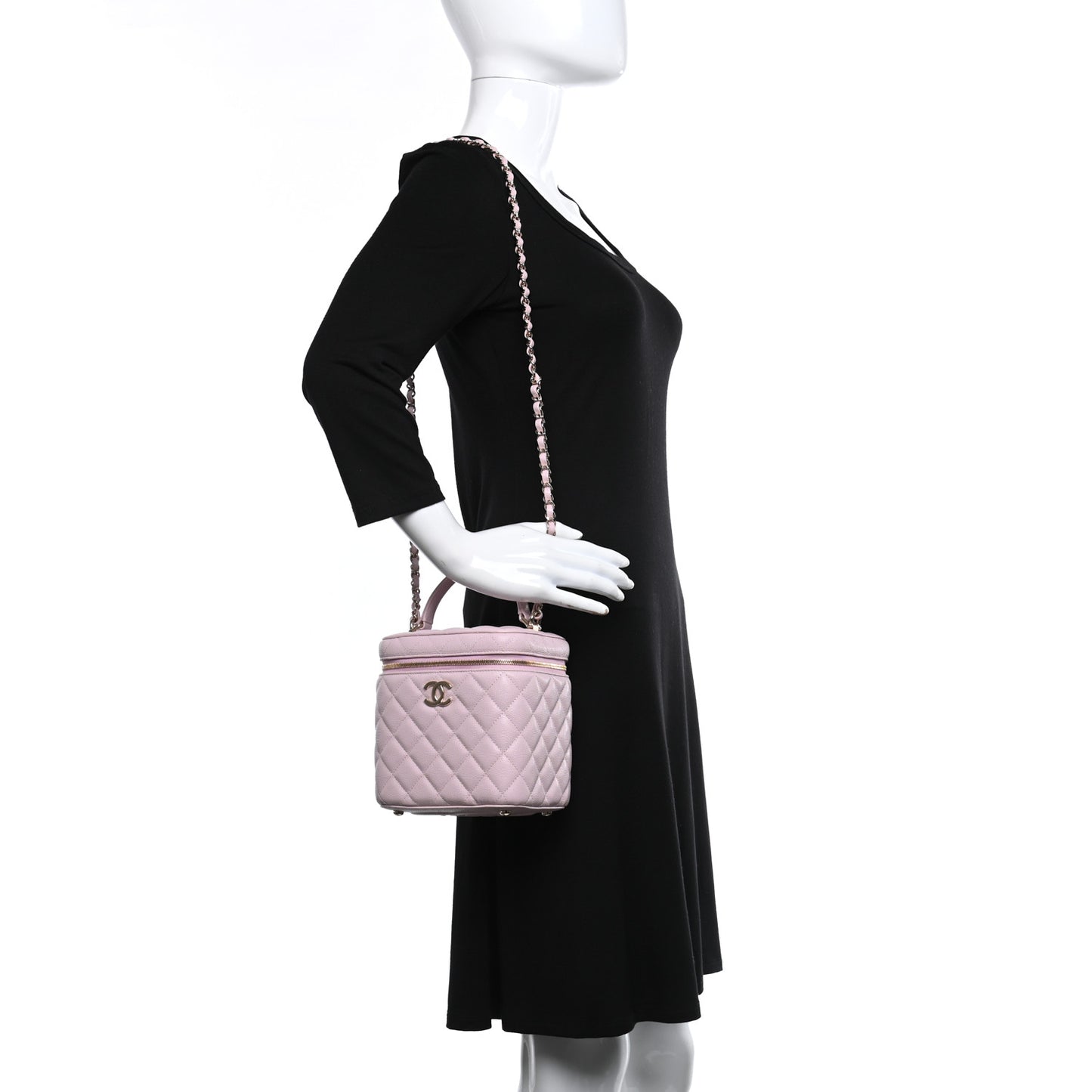 Caviar Quilted Small Top Handle Vanity Case With Chain Light Pink